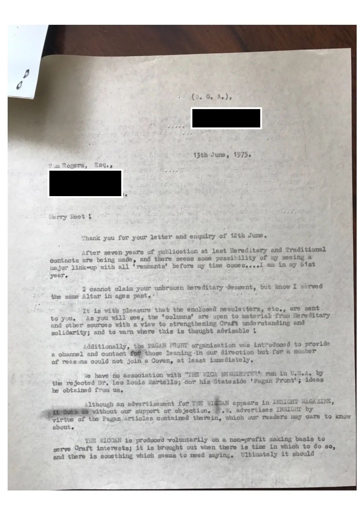Typed letter from John Score 'M' to Tom Rogers.