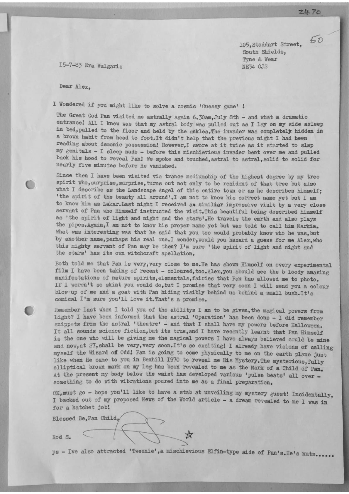 Typed letter to Alex Sanders From Rod S. Detailing visits from spirits, document 2470