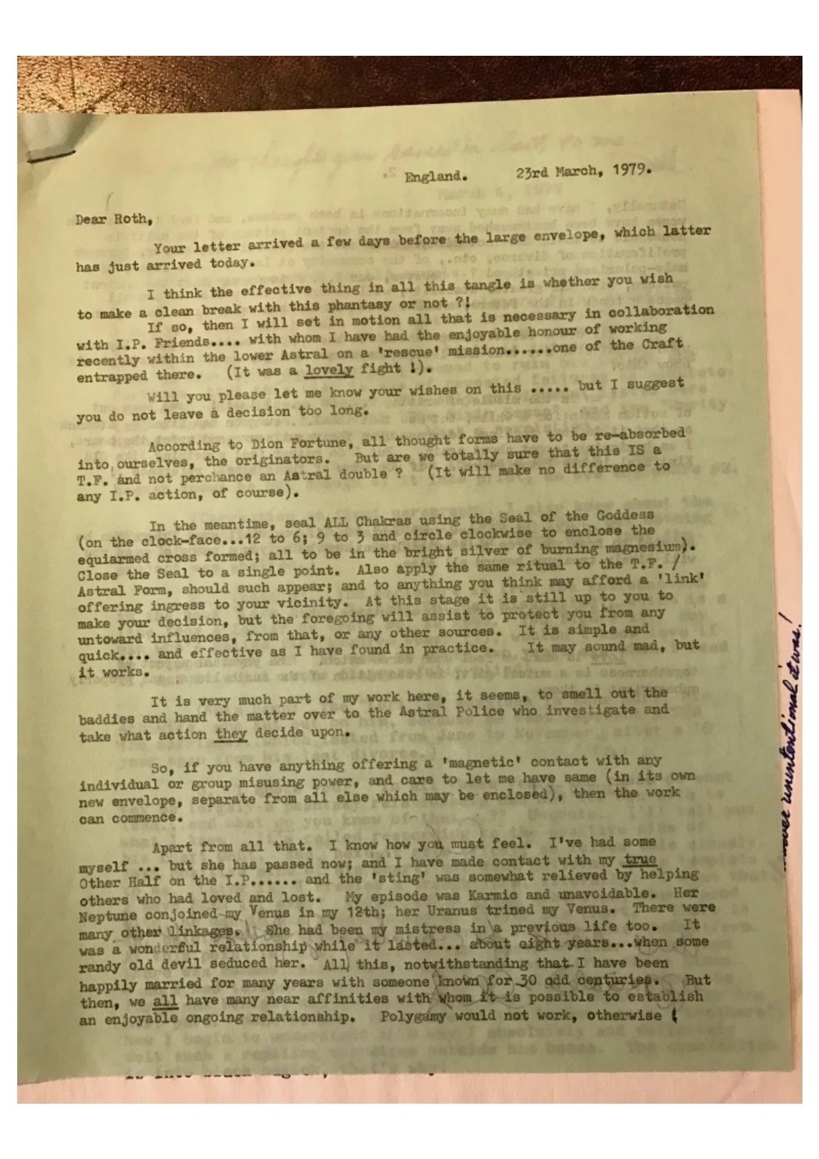 Typed letter to Roth from John Score 'M'