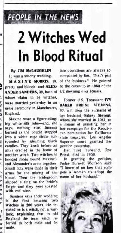 '2 Witches Wed In Blood Ritual', The Indianapolis News, 8 December 1965