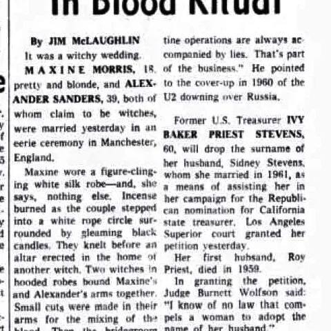 '2 Witches Wed In Blood Ritual', The Indianapolis News, 8 December 1965