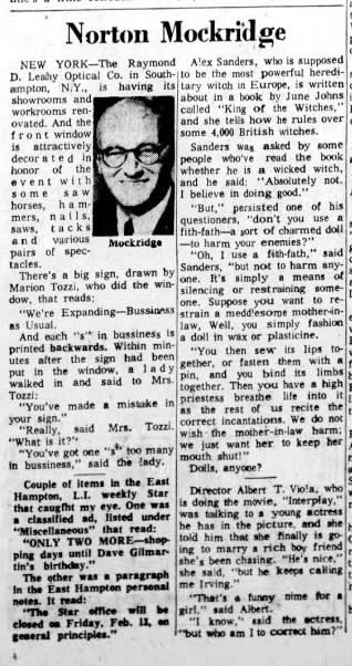 Alex Sanders and the fith-fath, Norton Mockridge's column, The Tribune (Scranton), 28 February 1970