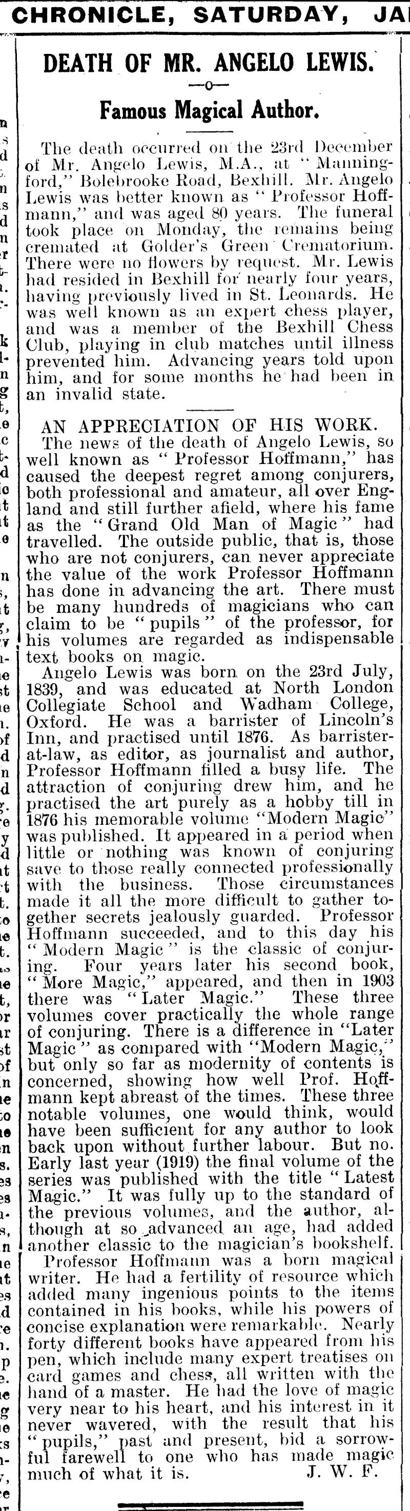 'Death of Mr Angelo Lewis, famous magical author', Bexhill Chronicle, 3 January 1920