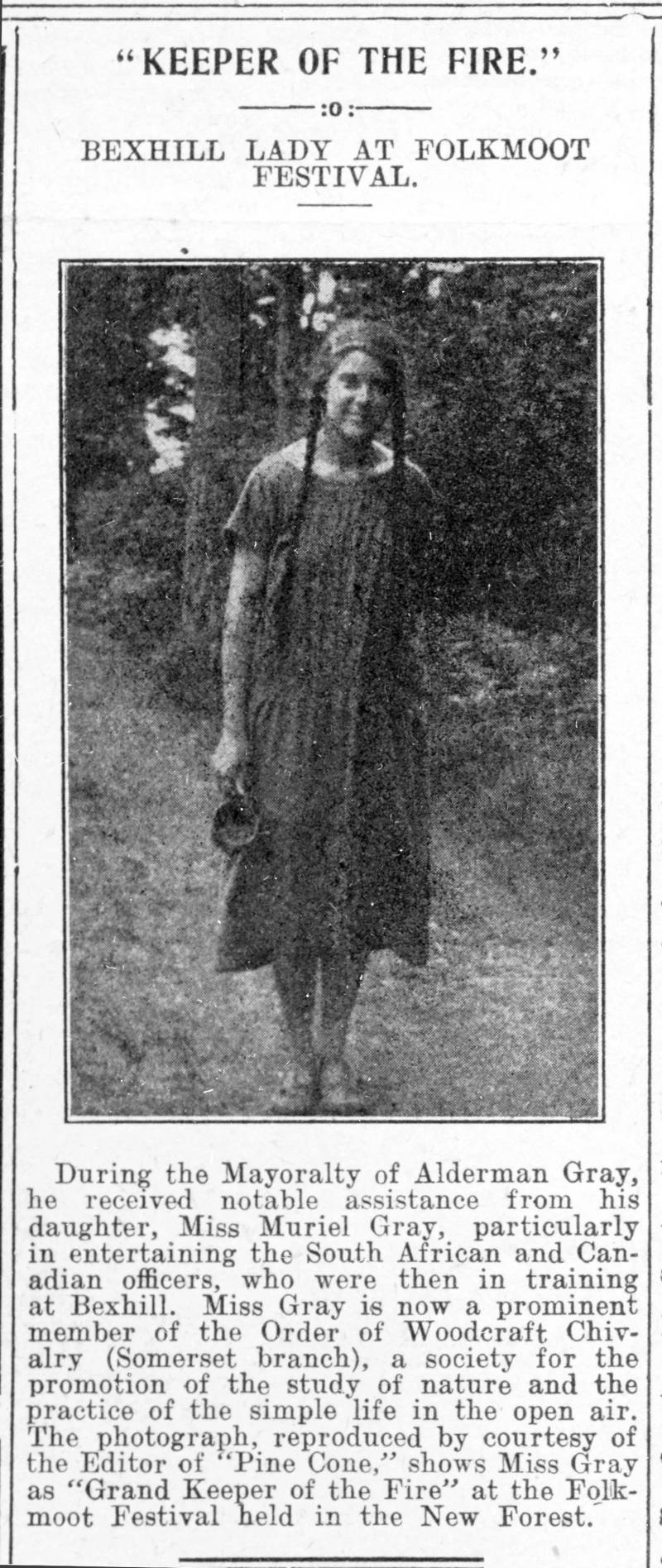 'Keeper of the Fire', Bexhill lady at Folkmoot festival, Bexhill Observer, 27 November 1926