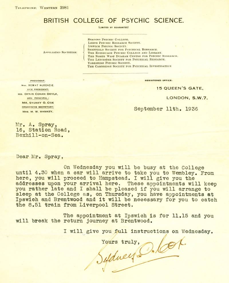 Letter from the British College of Psychic Science to Arthur Spray, 11 September 1936