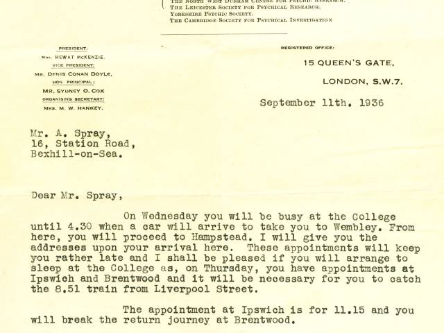 Letter from the British College of Psychic Science to Arthur Spray, 11 September 1936