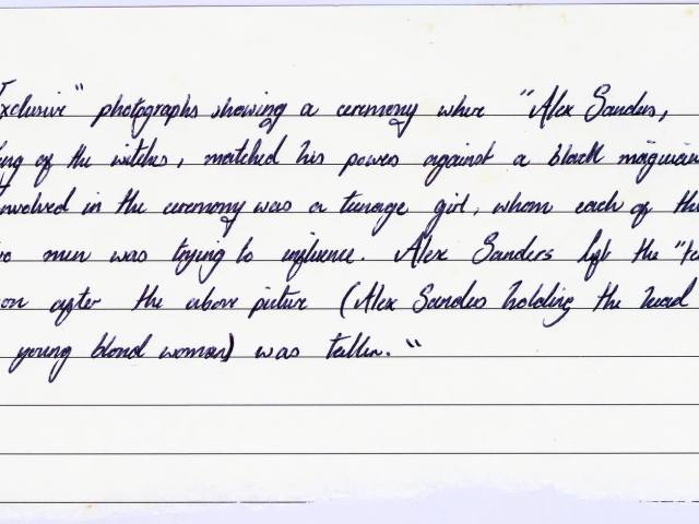 Handwritten caption card for the 'black magic battle' photographs, 1975