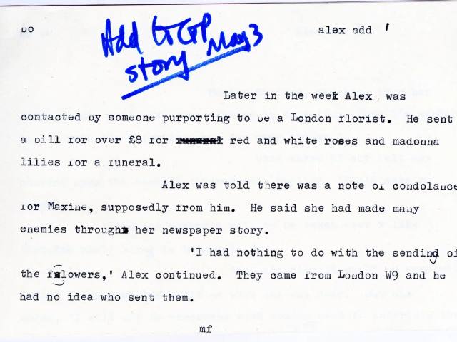 Card 'Story May 3': funeral flowers and Maxine Sanders' reply, 1975