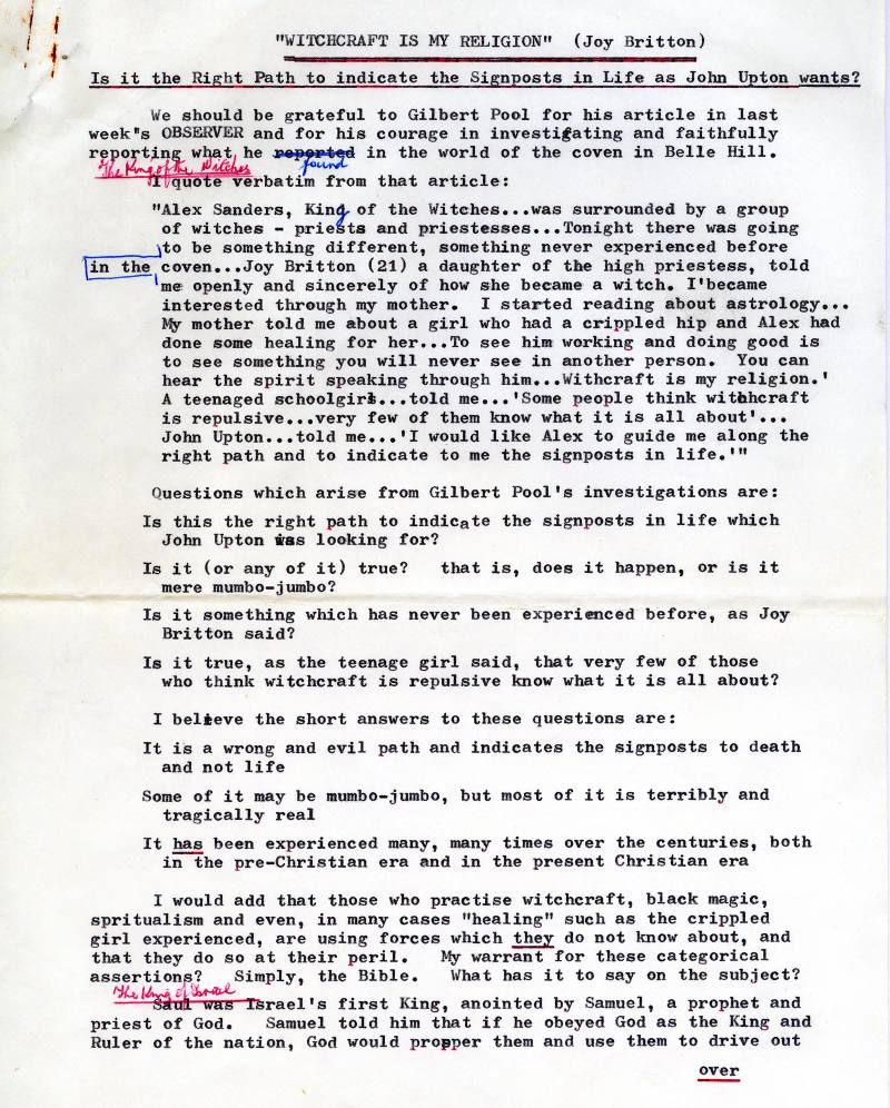 Reader's letter to the Bexhill Observer on the witchcraft story, three pages, 1975