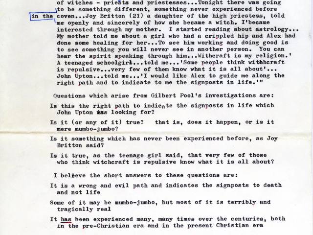 Reader's letter to the Bexhill Observer on the witchcraft story, three pages, 1975