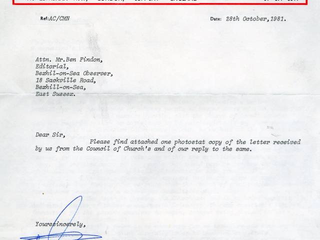 Letter from the Church of Occult Science to the Bexhill Observer, with copy of its reply to the Council of Churches, 28 October 1981
