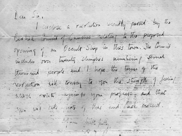 Copy of a letter from the Bexhill Council of Churches to the Church of Occult Science, 25 October 1981