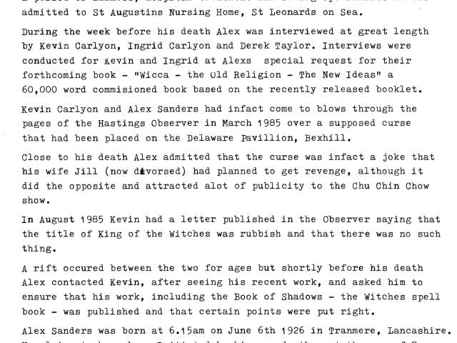 'Alex by Kevin', Kevin Carlyon's typed account of Alex Sanders, four pages, 1988