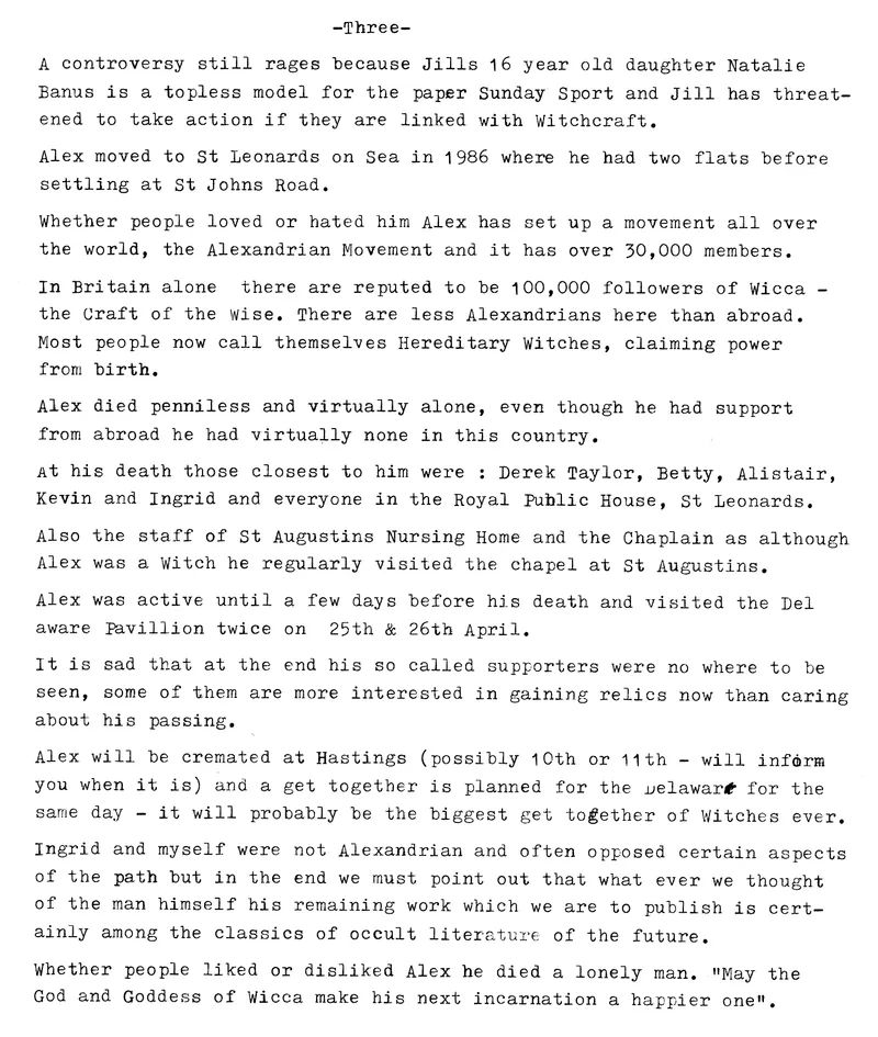 'Alex by Kevin', Kevin Carlyon's typed account of Alex Sanders, four pages, 1988