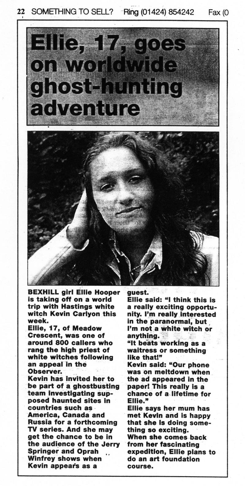 'Ellie, 17, goes on worldwide ghost-hunting adventure', Bexhill Observer, 2 July 1999