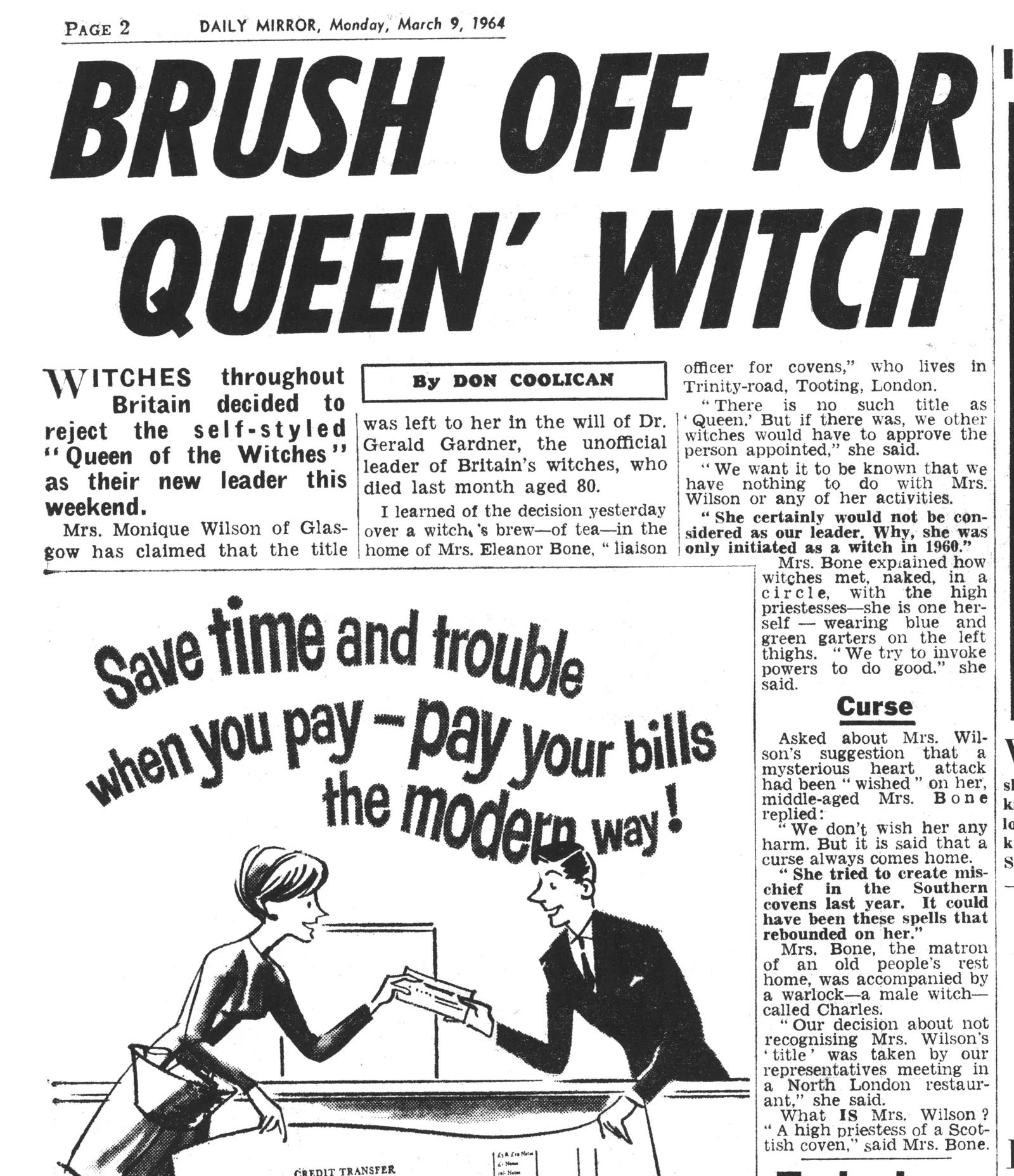 'Brush off for "Queen" witch', Don Coolican, Daily Mirror, 9 March 1964