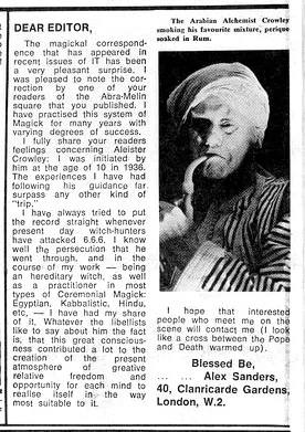 Letter from Alex Sanders on Aleister Crowley, International Times, 5 October 1967