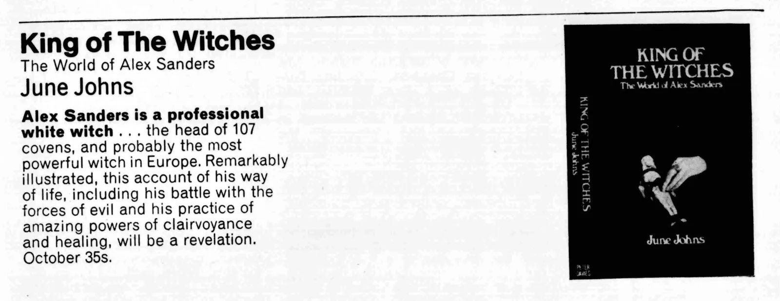 Advertisement for 'King of the Witches', Peter Davies, The Bookseller, 5 July 1969