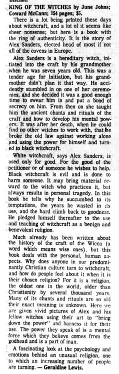'King of the Witches' review, Geraldine Lewis, Oregon Daily Journal, 28 March 1970