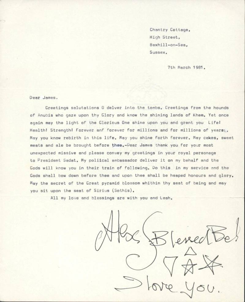 Letter from Alex Sanders to "James".