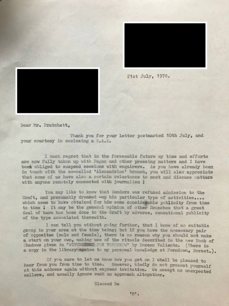 Letter from John Score 'M' to Terry Pratchett