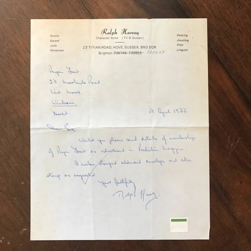 Letter from Ralph Harvey to the Pagan Front