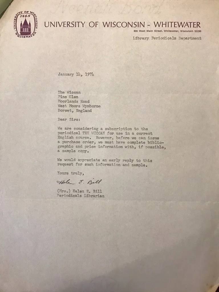 Letter from University of Wisconsin to The Wiccan Newsletter