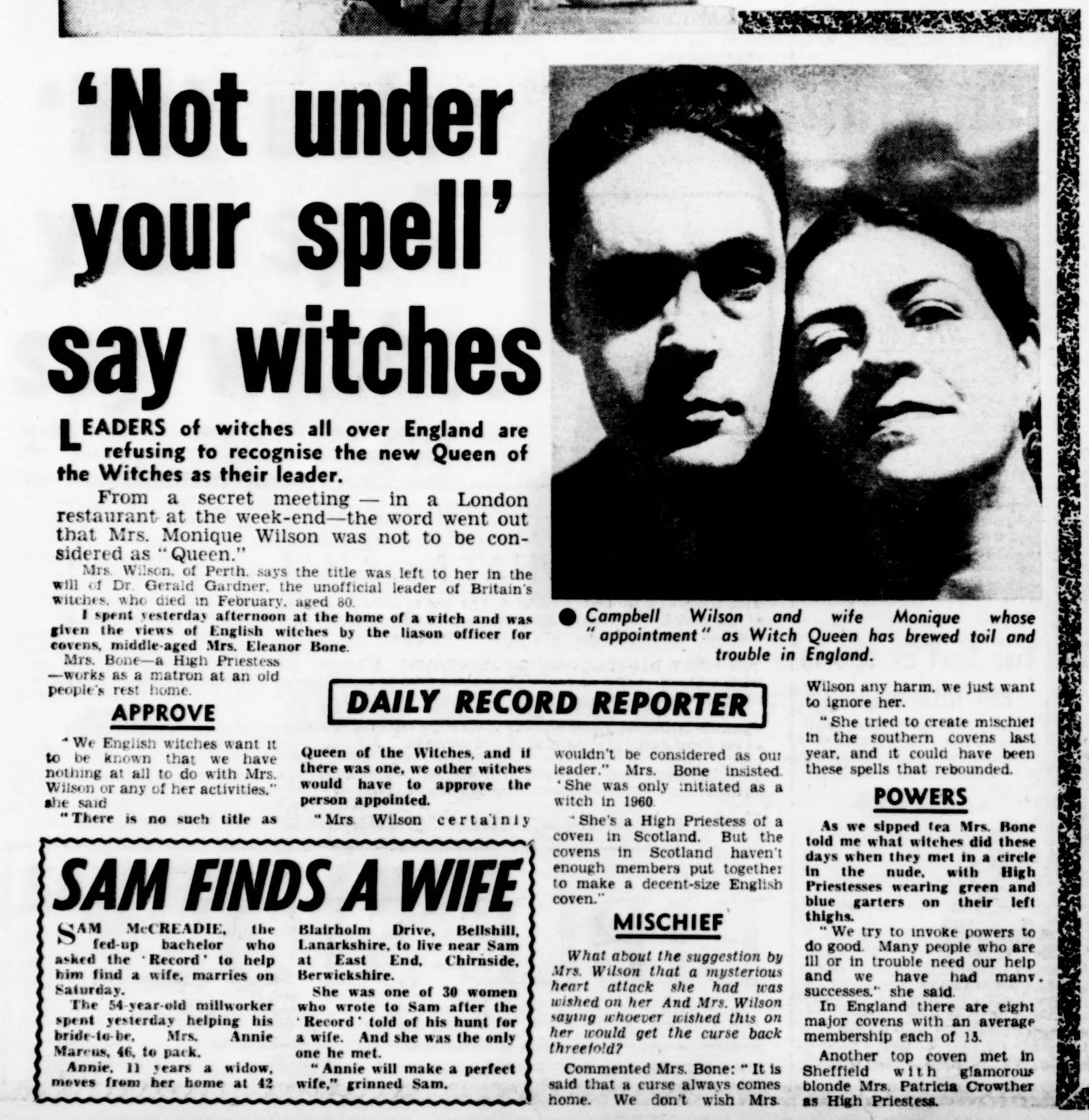 '"Not under your spell" say witches', Daily Record, 9 March 1964