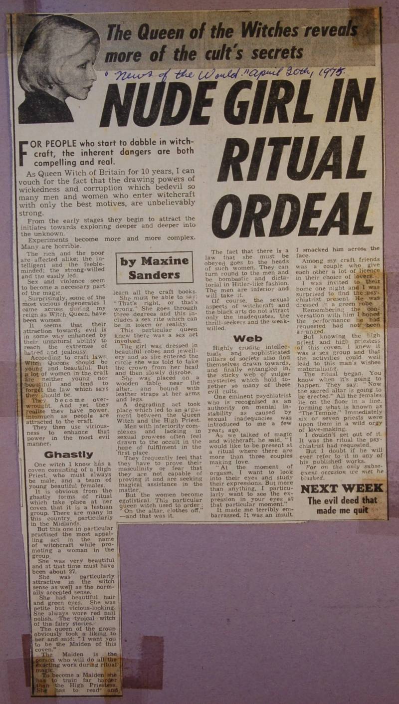 Newspaper Article: Nude girl (Maxine Sanders) in Ritual Ordeal