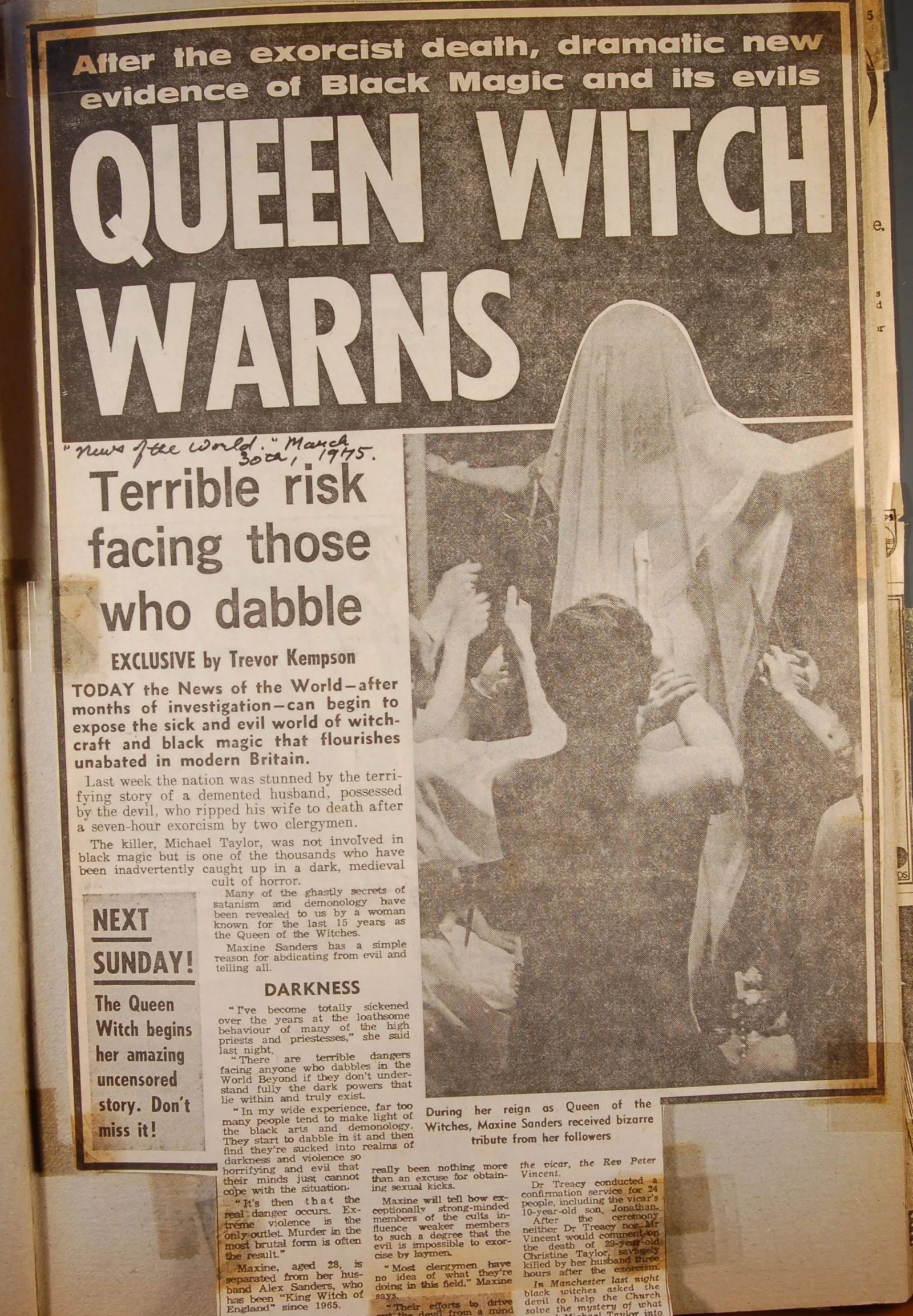 Newspaper article - QUEEN WITCH WARNS