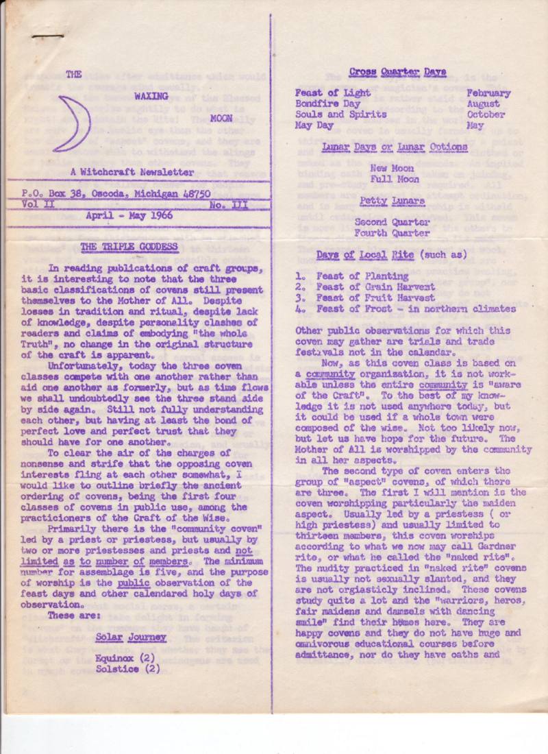 The Waxing Moon Newsletter Vol. II No. III p1,2,3 and 4.