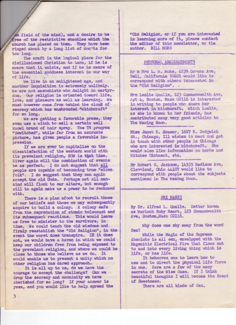 The Waxing Moon Newsletter Vol. II No. III p1,2,3 and 4.