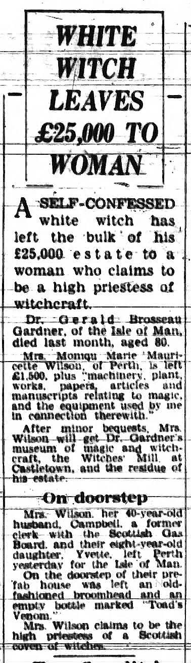 'White witch leaves £25,000 to woman', The Journal, 6 March 1964