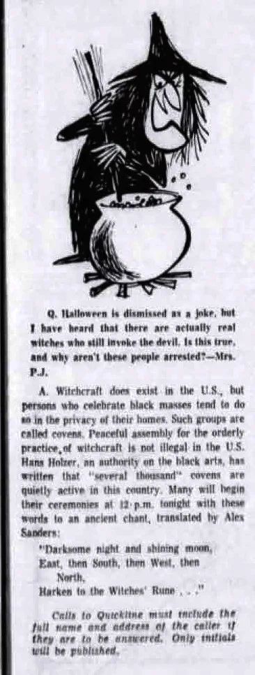 The Witches' Rune quoted in an American reader column, The World-News, 31 October 1969