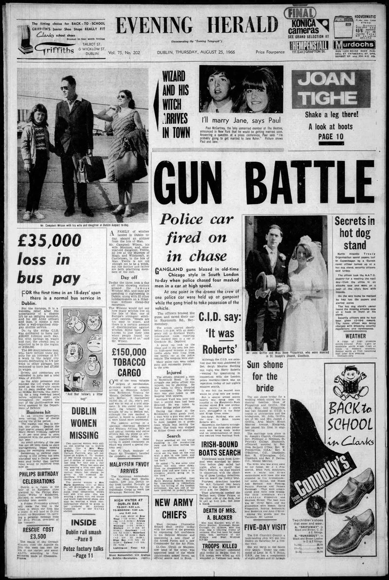 'Wizard and his witch arrives in town', Evening Herald (Dublin), 25 August 1966
