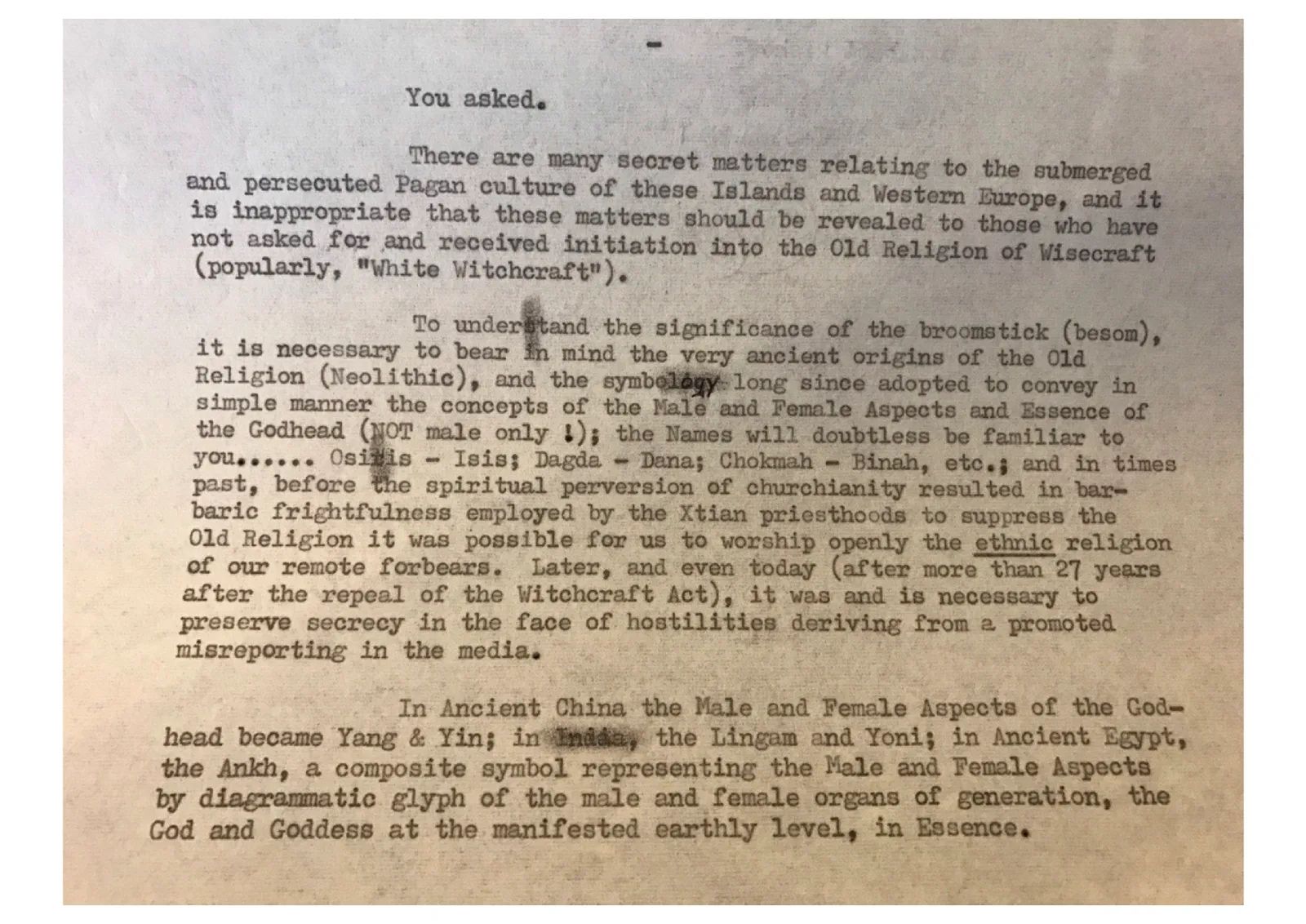 "You asked." Letter from John Score 'M' to unknown. "wisecraft"